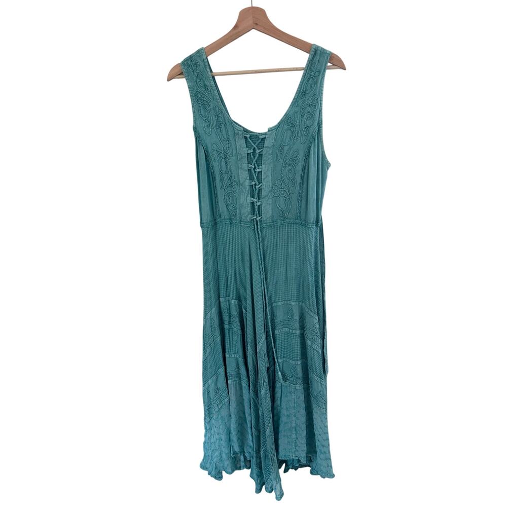 Fairycore Lapogee One Size Lagenlook Dress Turqoise embroidery Cottagecore